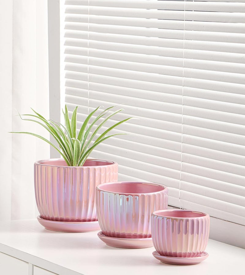 Ton Sin Pink Gold Ceramic Flower Pots, 4"+5"+6" Inch Small Glazed Succulent Planters with Drainage Hole,Modern Indoor Decorative Plant Pots Set of 3,Garden Pots with Saucer - Image 4